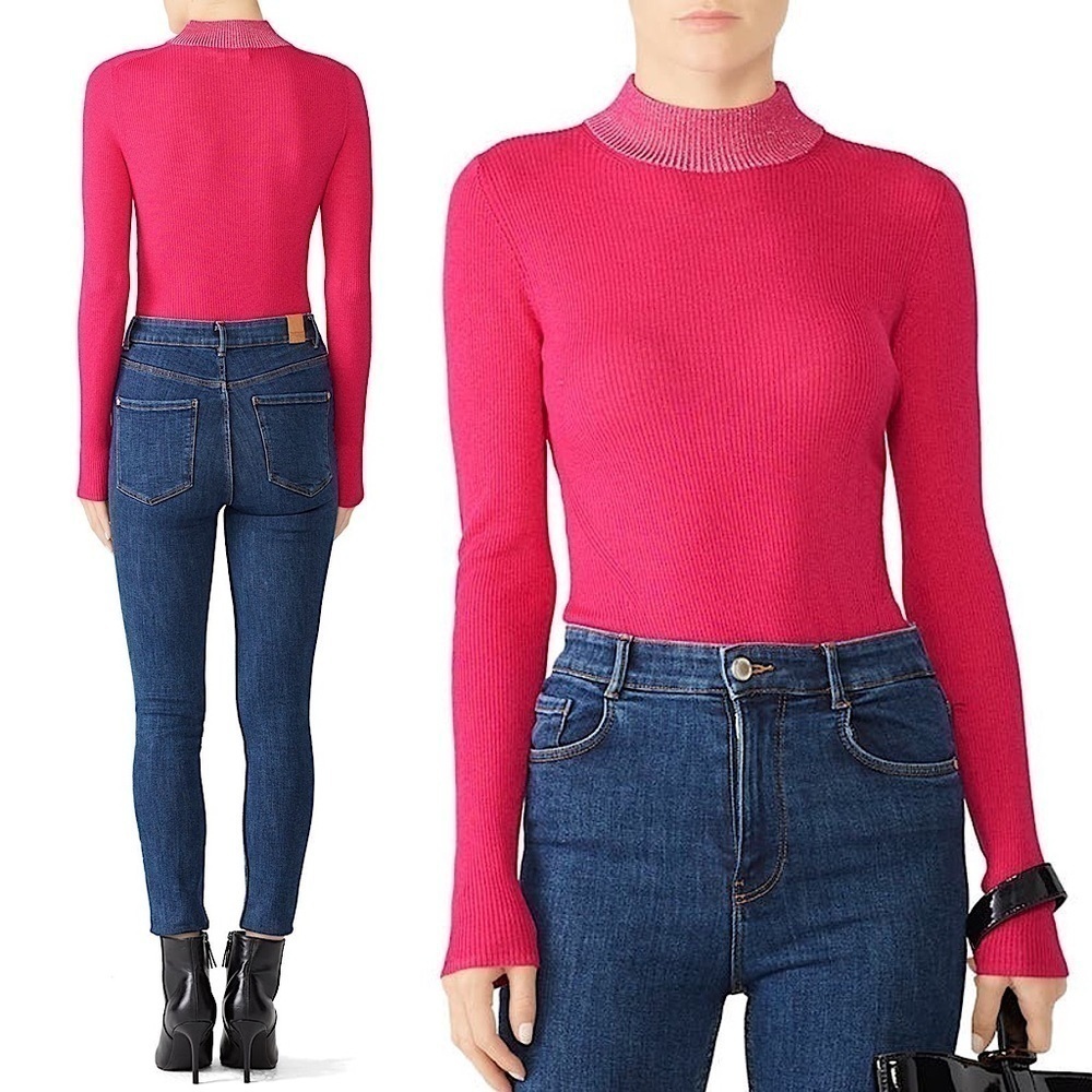 DREYDEN Merino Wool Blend Ribbed Knit Barbie‎ Pink Mockneck Slim Fit Sweater L